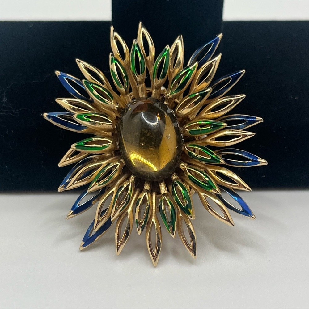 Vintage Crown Trifari Sunburst Brooch Gold Tone Enamel Floral 1960s
